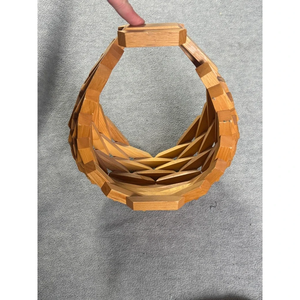Vintage Geometric Collapsible Wooden Basket Interlocking Block Sculpture Bowl